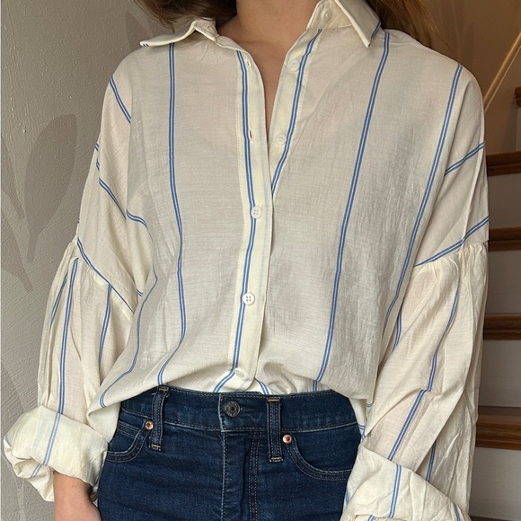 Silky Soft Yellow Blue Stripe Button Down Billowy Blouse - New, Unworn - Picture 6 of 7